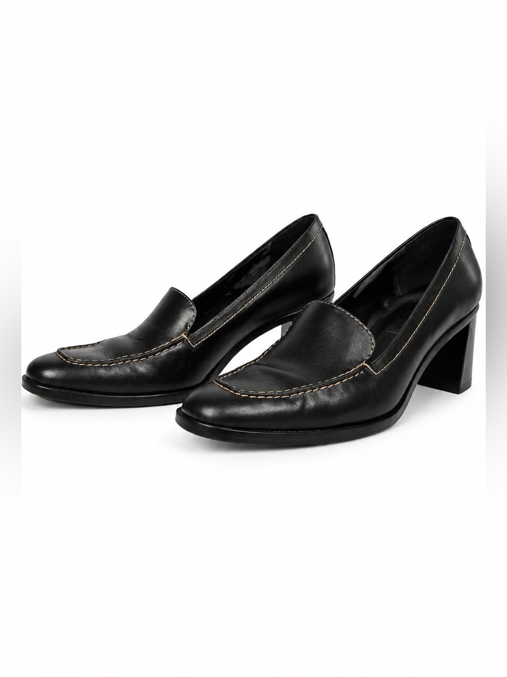 LOFT Black Leather Block Heel Loafer with Contrast Stitching